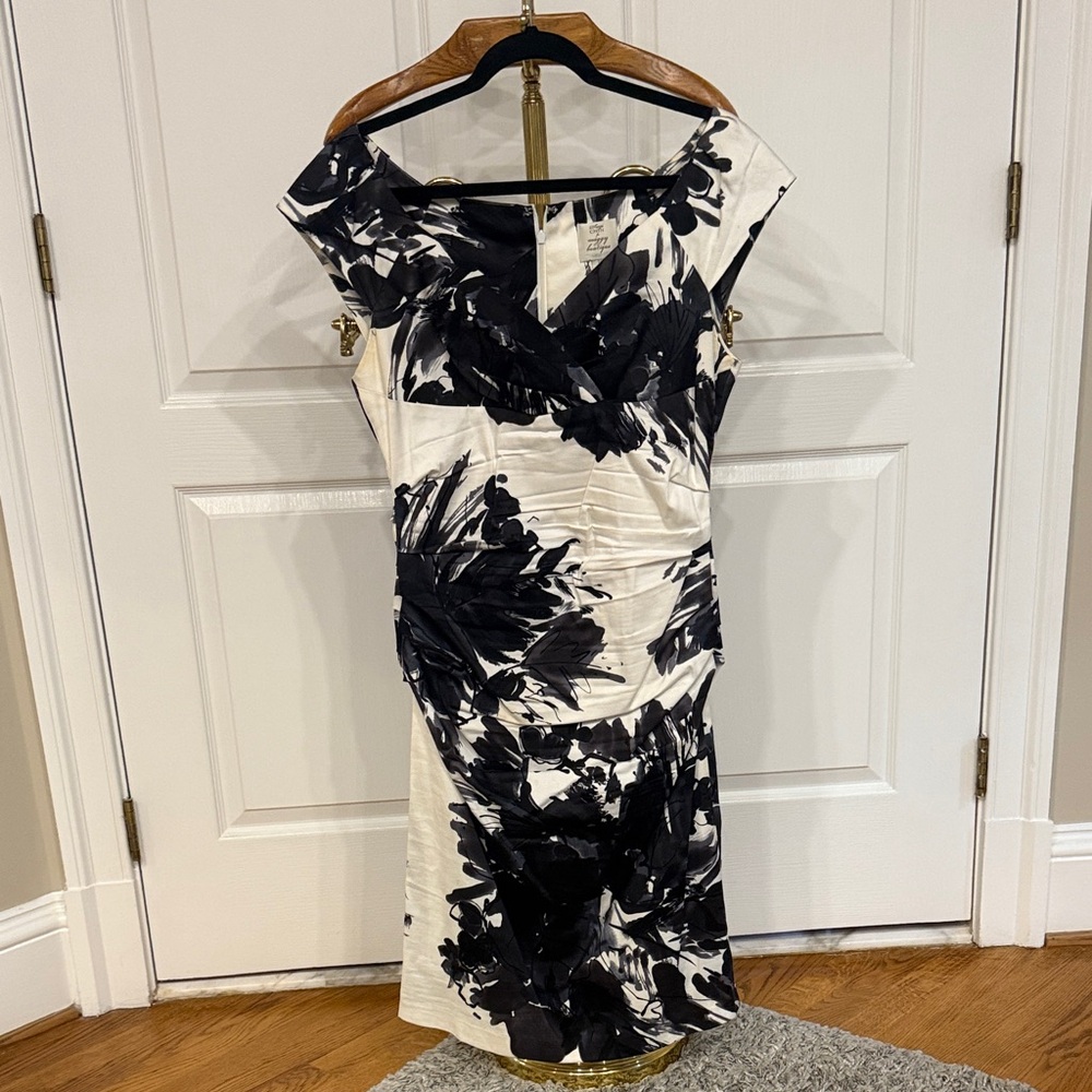 Black and White Asymmetrical Ruched Midi Dress
